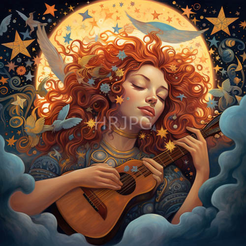 womans curly red hair swirling night clouds glowing full moon guitar performance