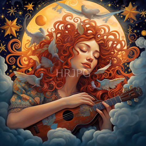 redhaired woman plays guitar under glowing full moon amidst celestial clouds and stars