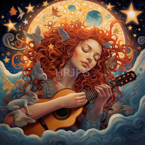 blue lace guitarist under starry skies amidst fluffy clouds and celestial bodies