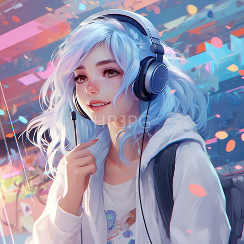 cascading white hair strands drape over a loose gray hoodie jacket