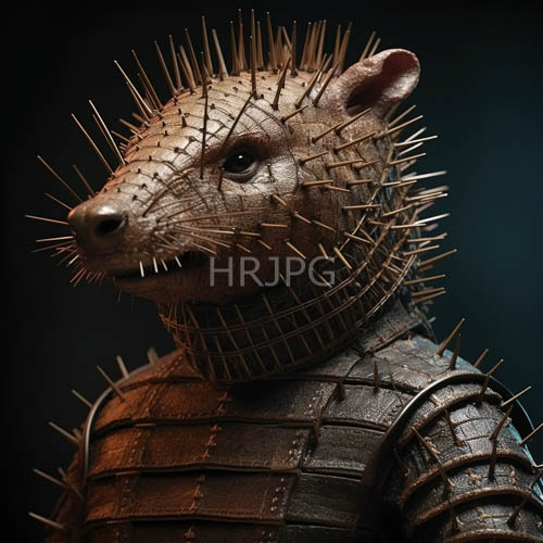 anthropomorphic rat armor fused with metallic plates in postapocalyptic landscape