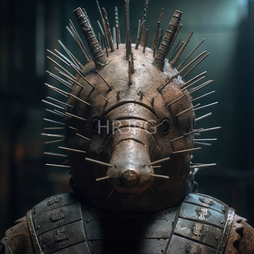 humanoid metal sculptures with radial metal spikes in industrial setting