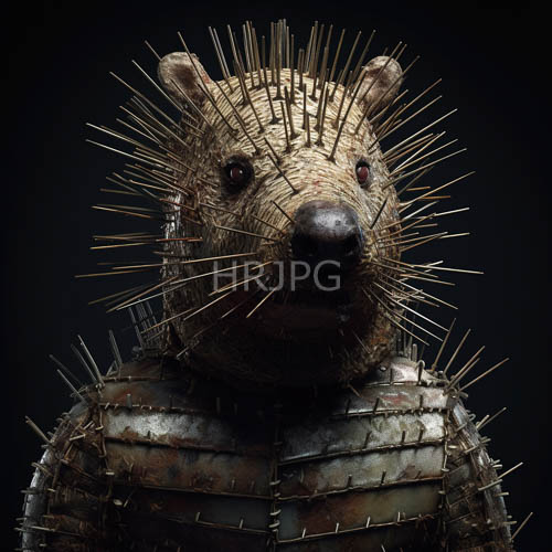 porcupine sculpture with metal spikes and textured materials set against a solid black background