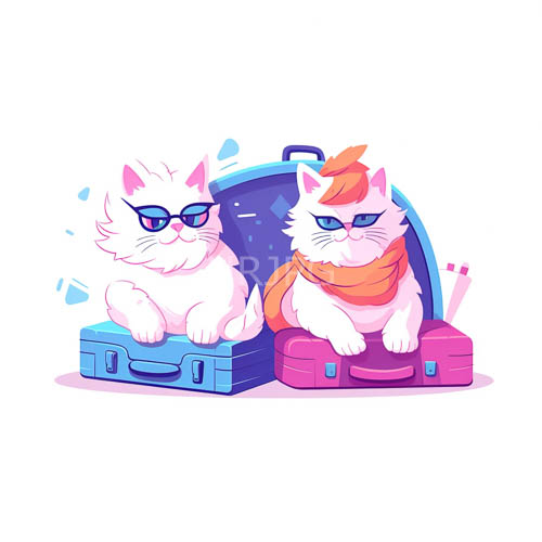 feline travelers in disgruntled attire atop vibrant suitcases