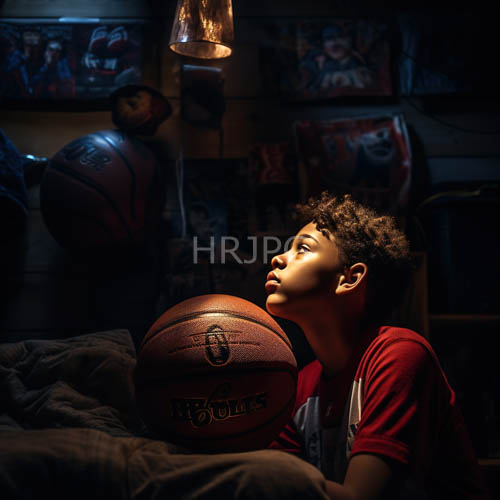africanamerican boy contemplating basketball amidst dimly lit room with posters