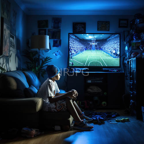modern childhood snapshot of youth focused on virtual baseball game