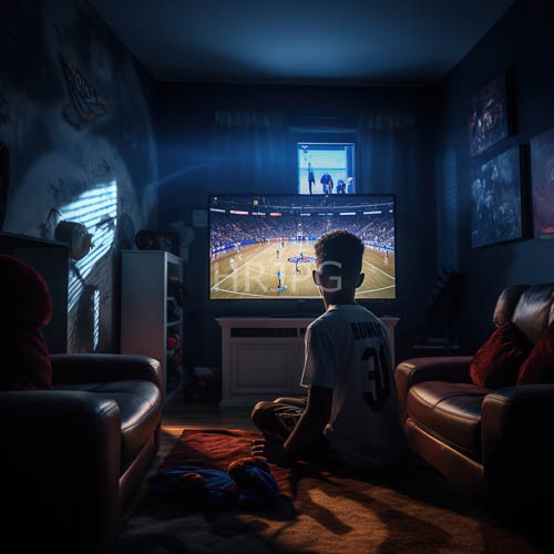 kobe jerseys on a young boys fan spirit in a brown carpeted room with bluelit tv