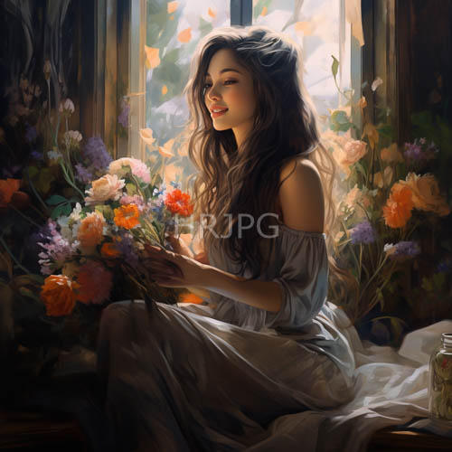 ethereal woman amidst woven floral arrangement in sunlit room