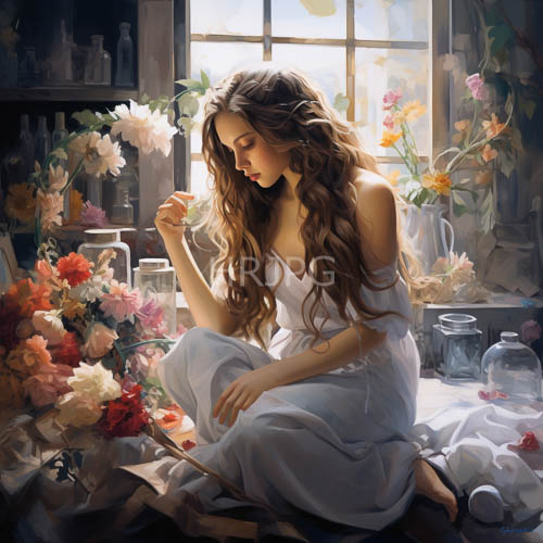 High Resolution: Ethereal Young Woman Enveloped by Pink Roses in a Sunlit Workspace download. | HRJPG.com
