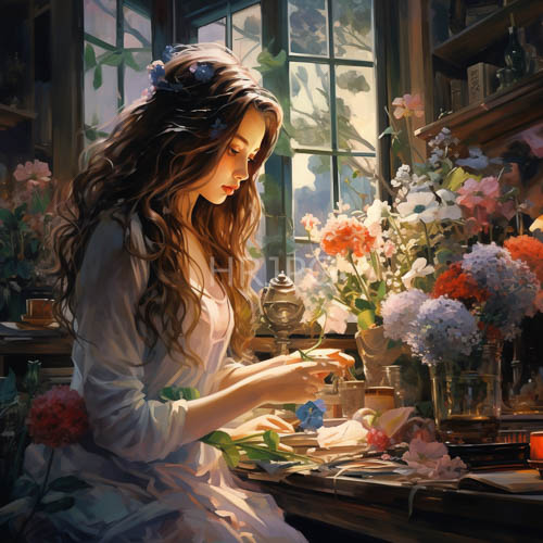 ethereal young woman surrounded by vibrant floral arrangements in a quiet creative moment