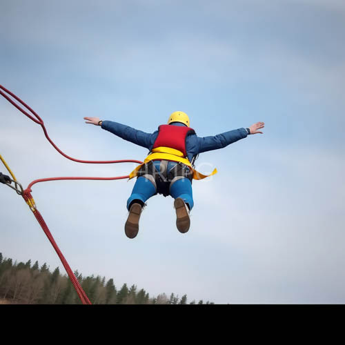 flying trapeze performer in cloudy blue sky with multicolored attire