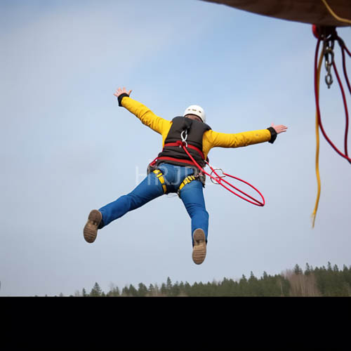 adrenaline junkie soars through clear blue sky amidst distant tree lines