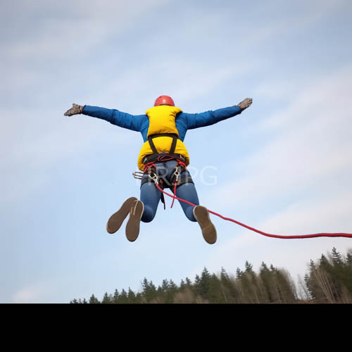rocky cliff leap against azure skies with red helmets and yellow vests