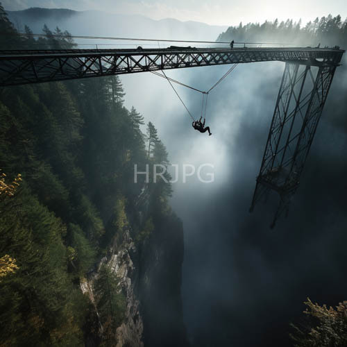 aerialist suspended midair over dense forested cliffs at dawn