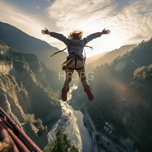 mountain adventurer leaping into valley below amidst sunset lit terrain