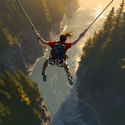 High Resolution: Adventurer Suspended Above Canyon with Rushing Water and Dense Forest Canopy download. | HRJPG.com