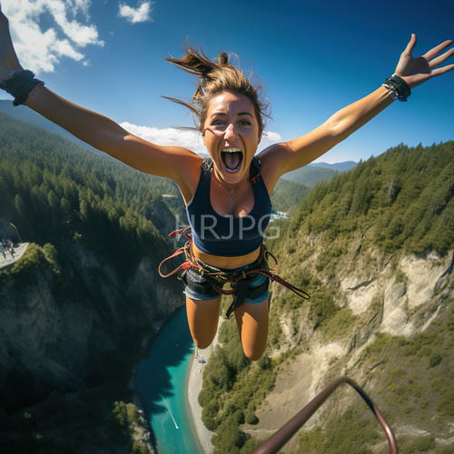 mountainous landscape features an athletic woman in midair jump near turquoise lake