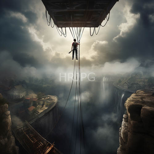 High Resolution: Aerialist Suspended Amidst Cloudy Skies Over Calm Waters and Distant Buildings download. | HRJPG.com