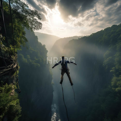 canyon descent amidst filtering sunrise light and lush green landscape