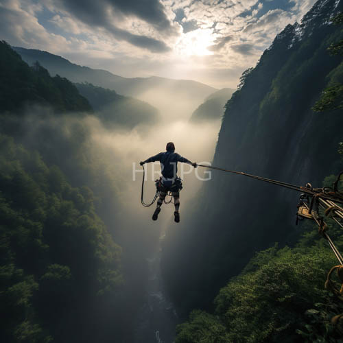 heavy climbing gear suspends over lush green valley slopes beneath clouds