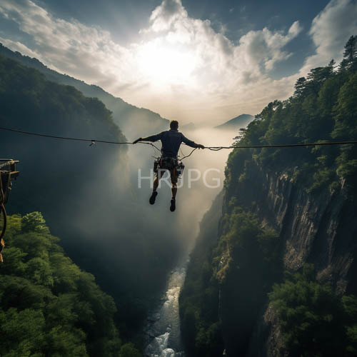 misty valley sunrises illuminate wooden rope bridges between rocky mountain cliffs