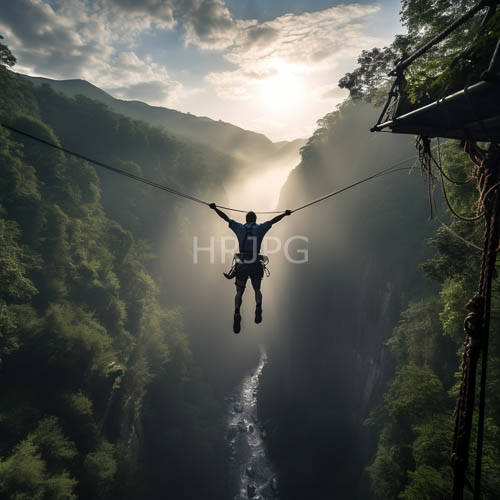 rugged rock faces overhang rushing river waters beneath hanging climber harnesses