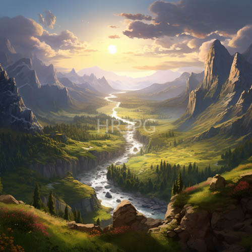 winding river bends reflect warm orange sunset light through green valleys