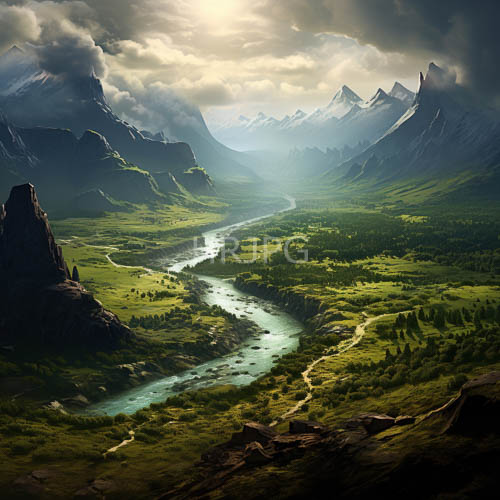 cloudy skies over lush green valley landscape with jagged mountains and snowy peaks