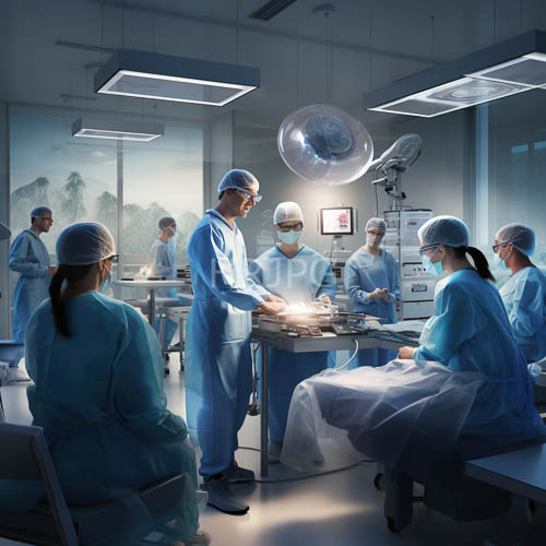 medical professionals focus intensely within hightech surgical environment amidst misty hospital backdrop