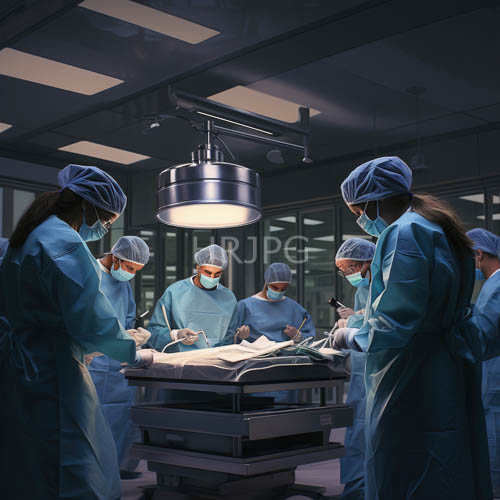 surgeons in unison surround patient in hightech hospital environment under bright overhead lights