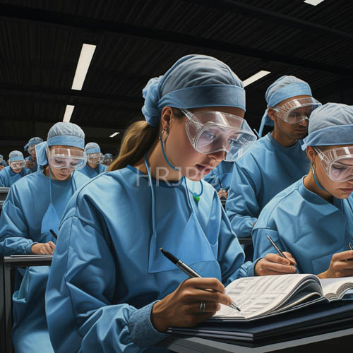 six surgeons in blue scrubs record vital information in a busy surgical environment