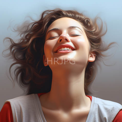 wavy dark hair frames a smiling face against blue gray gradients
