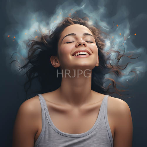 serene woman in smoky blue background with wavy dark hair and light skin tone