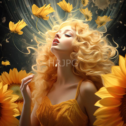 floating sunflowers surround ethereal blonde woman in yellow dress amidst dark abstract background