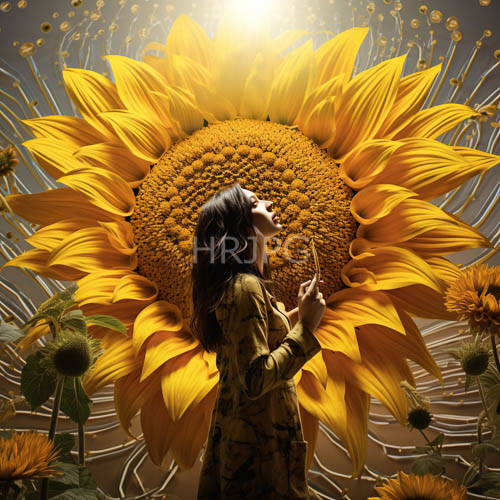 radiant sunflower petals border a yellow floral dress under bright light