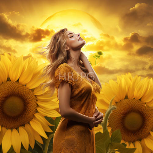 blonde woman in orange lace dress amidst sunflowers in a setting sun