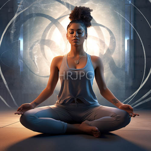 High Resolution: AfricanAmerican Woman Meditates in Futuristic Environment with Glowing Patterns download. | HRJPG.com
