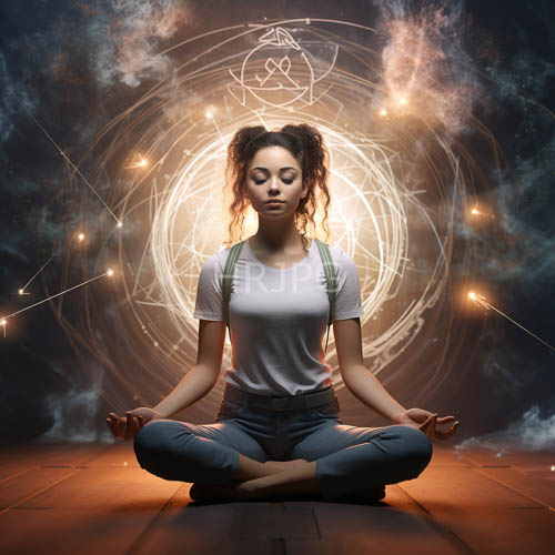 cosmic star patterns form background textures around cross legged meditation poses