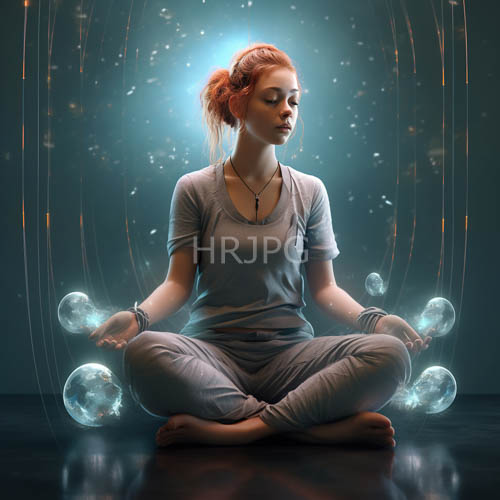 floating redhaired meditator in gray pajamas amidst glowing blue nightlike space