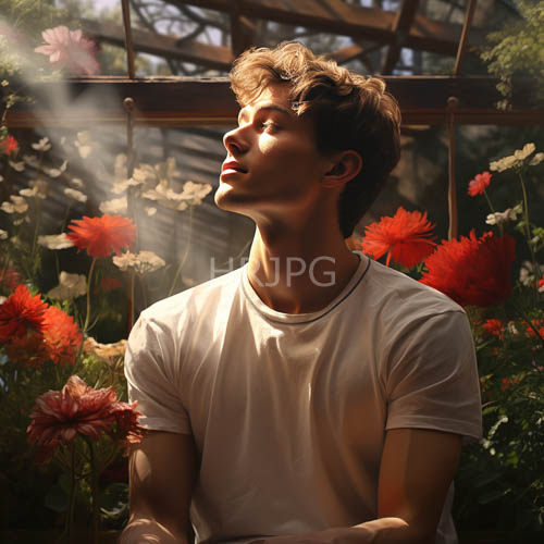 man among vibrant flowers and dappled light in lush greenhouse setting