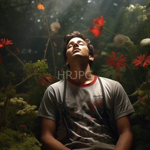 red flower blossoms cluster around a teenage boy in quiet gardens