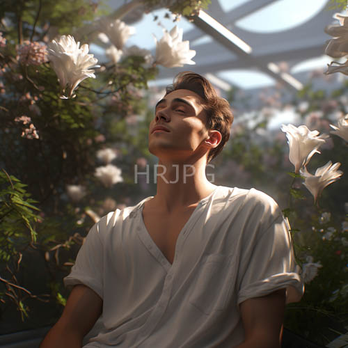 sunlit greenhouse glass frames blooming magnolia petals around a calm face
