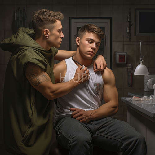 tattooed arm muscles flex near stainless steel sink faucets and exposed pipes