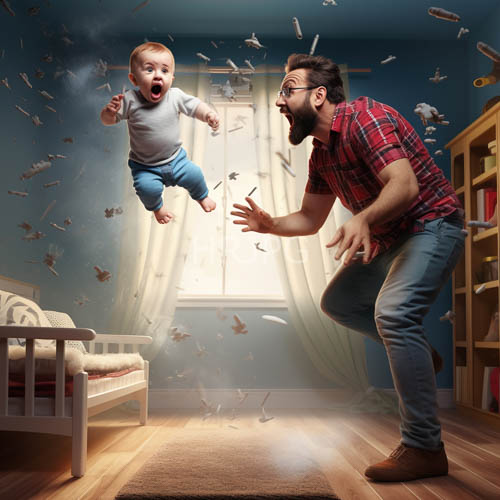 bearded mans surprise by wooden bookshelf in playful family home setting with abundant natural light