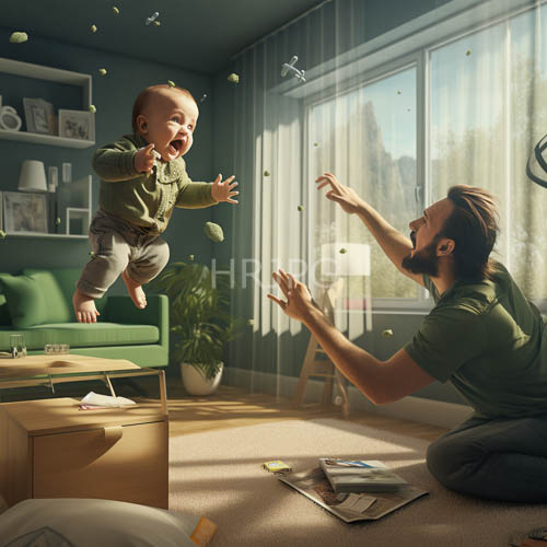 fathers laughter echoes off beige carpet amidst morning sunlit living room