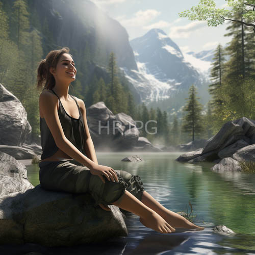 mountain lake reflections of a young woman in green cargo pants on rocky outcroppings under sun
