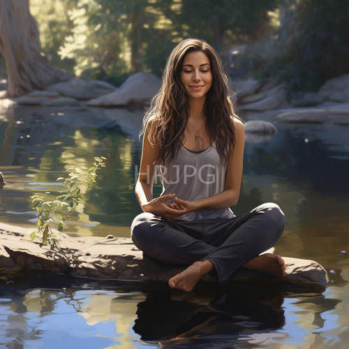 High Resolution: Young Woman Finds Inner Peace Among Ancient Forest Streams Dappled Sunlight and Shadows download. | HRJPG.com