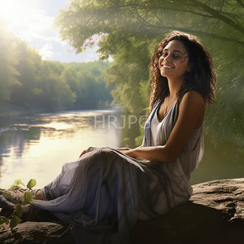 curlyhaired woman surrounded by verdant foliage and filtered sunlight on rocky lake shores
