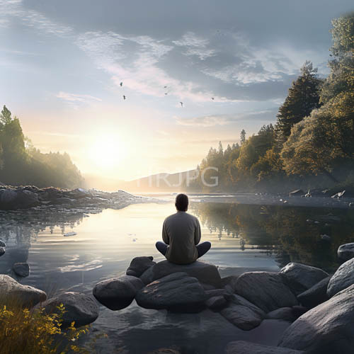 man in olivegreen shirts observes lake shores at sunrise or sunset with misty reflections