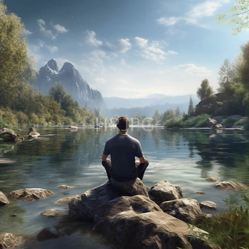 man in contemplative repose amidst tranquil lake surrounded by verdant foliage and distant mountain silhouettes